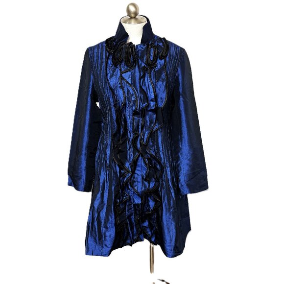 Jerry T  Royal Blue Iridescent  Coat w/  Ruffle and loose pleating Size - Picture 1 of 12